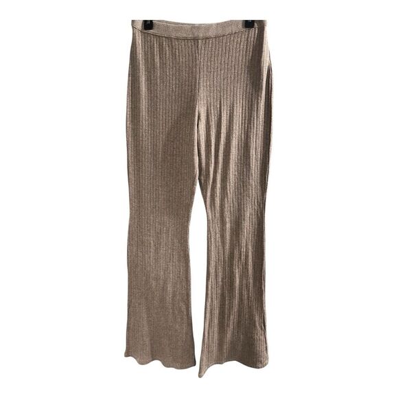 Zara Flared Ribbed Leggings High Rise Medium Elastic Waist Stretch Beige Tan L - Picture 1 of 7